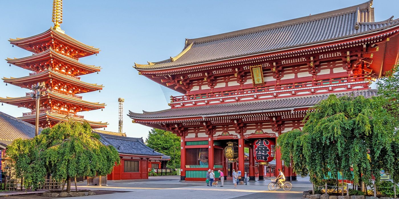 Sensoji Temple’s red gate and pagoda in Tokyo at sunset