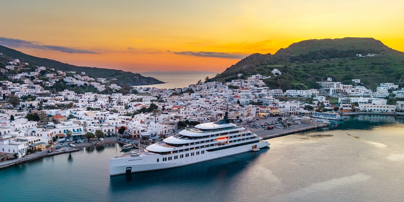 Emerald Kaia Discovery Yacht docked in Patmos at sunset